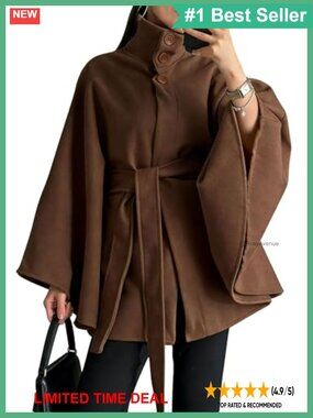 Wool Blend Cape Coat Belted Poncho Pea Coat Trench Outerwear